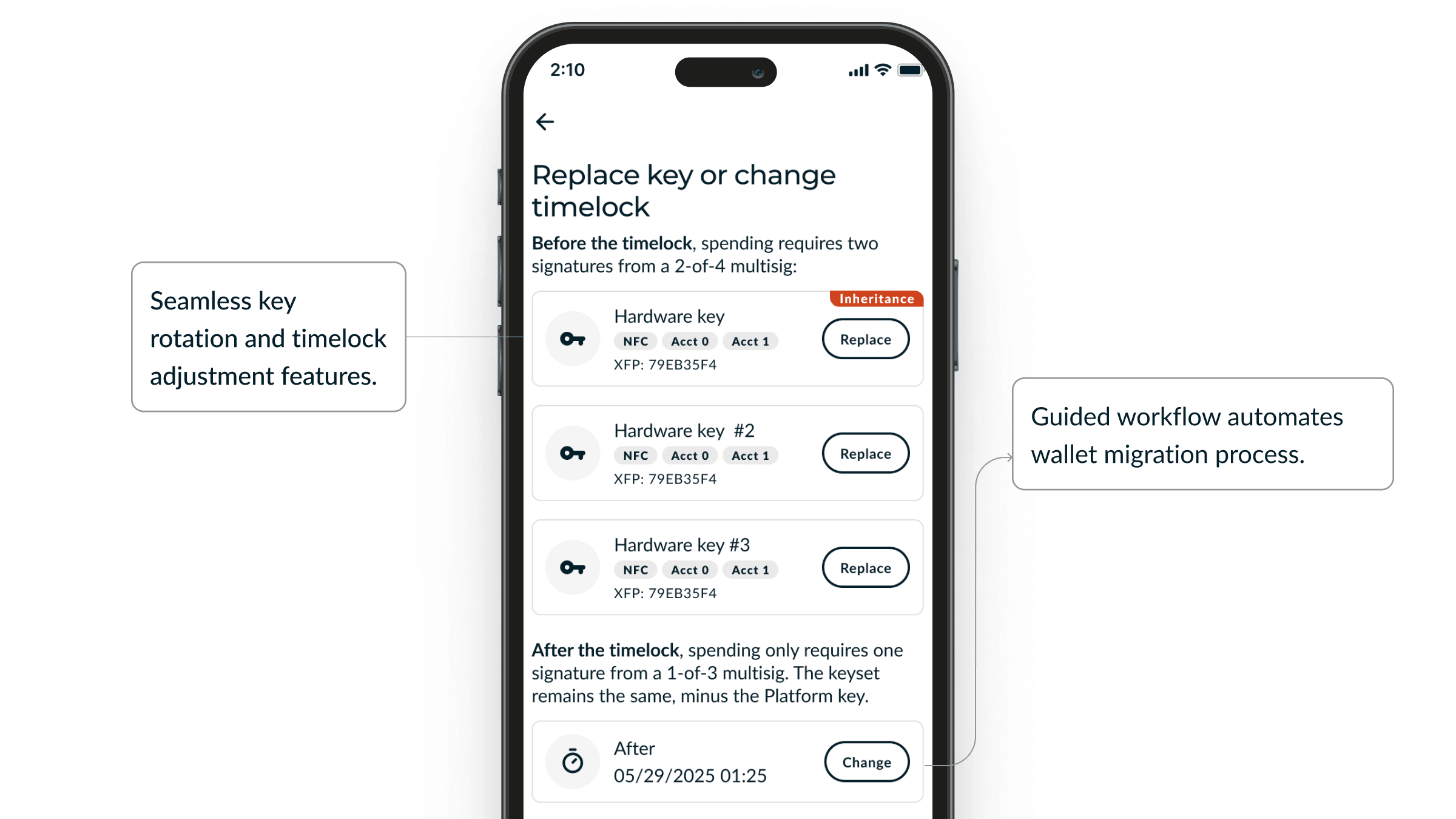 Seamless key rotation and timelock adjustment support; Guided migrations with coin‑control recommendations.