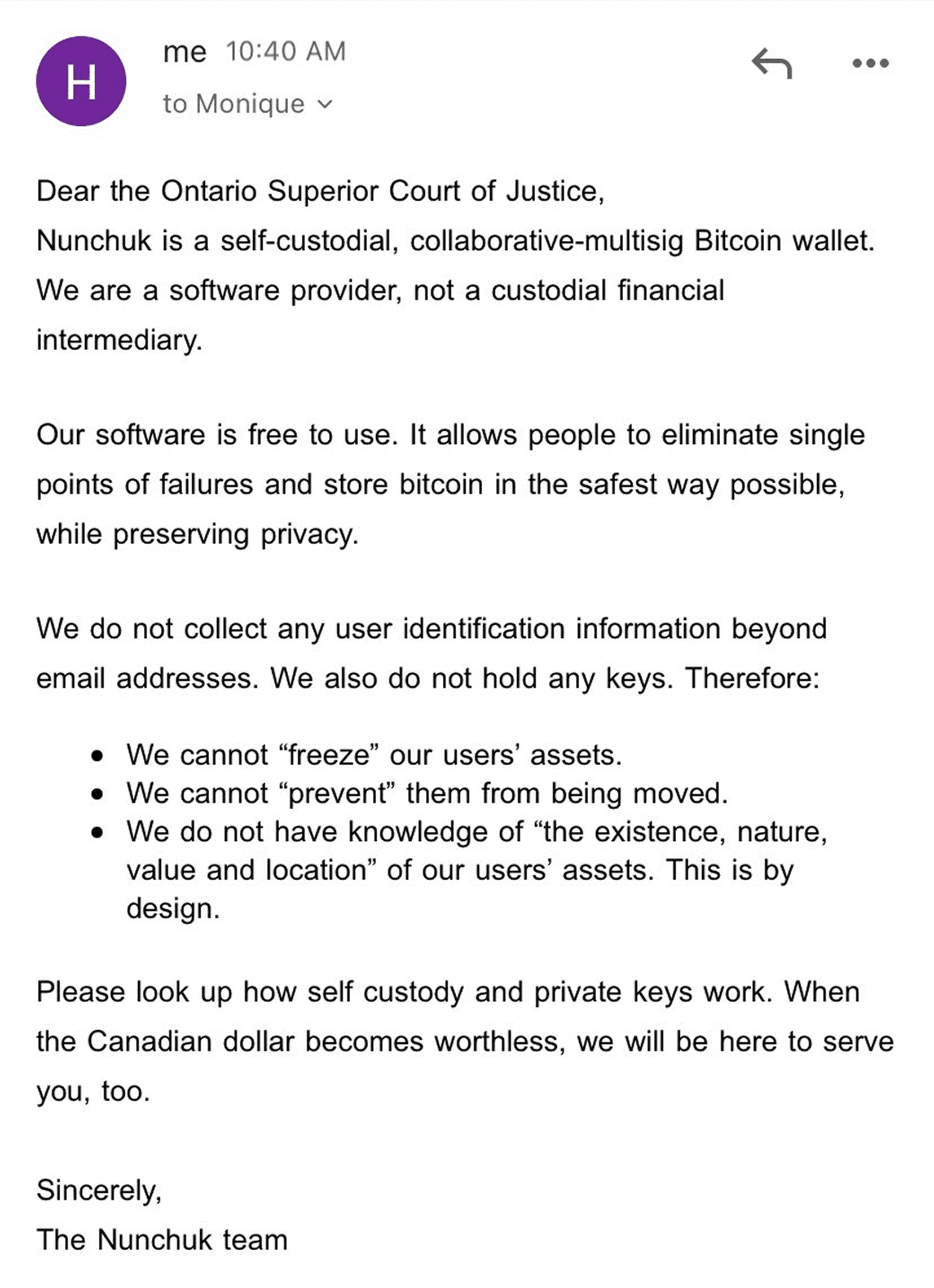 Nunchuk's response to the Ontario Superior Court of Justice, February 2022.